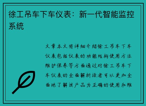 徐工吊车下车仪表：新一代智能监控系统