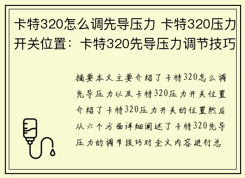 卡特320怎么调先导压力 卡特320压力开关位置：卡特320先导压力调节技巧